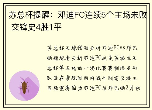 苏总杯提醒：邓迪FC连续5个主场未败 交锋史4胜1平